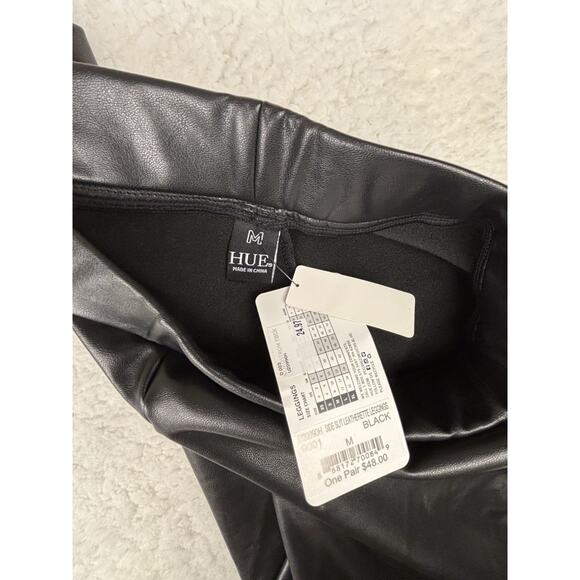 HUE Faux Leather Leggings M Black Split Hem NWT $48 - Picture 6 of 10